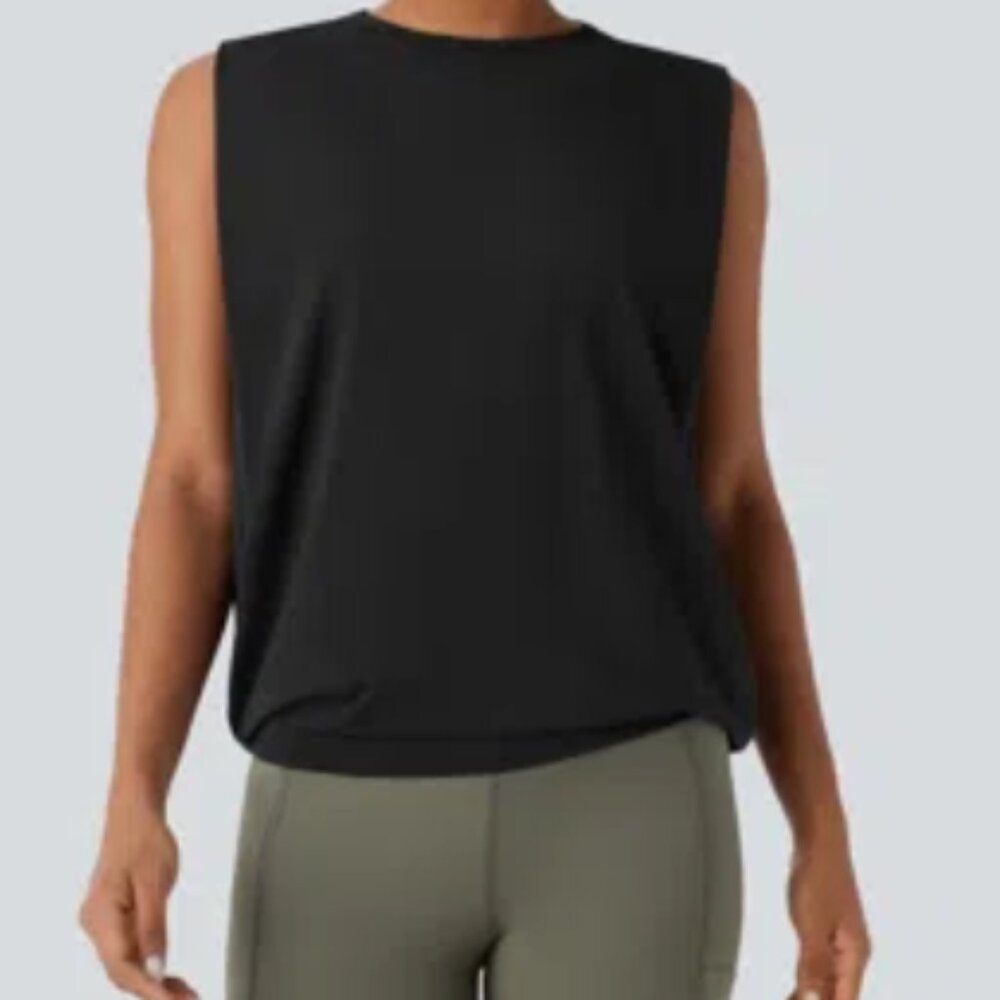 NWT- Halara Round Neck Ruched Cool Touch Yoga Tank Top-UPF50+